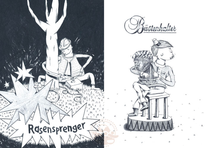 Die zwei Illstrationen von Jan-Hendrik Holst zeigen den &laquo;Rasensprenger&raquo; und den &laquo;B&uuml;stenhalter&raquo;